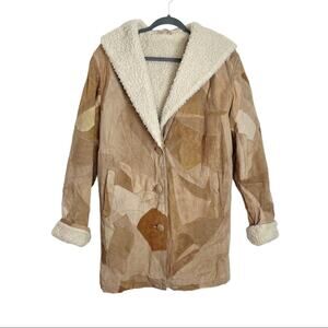 Retro Patchwork Leather Jacket Faux Sherpa Lined Medium